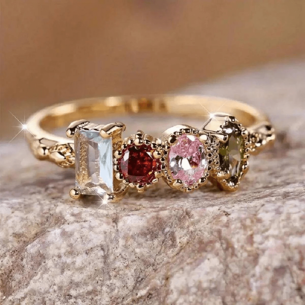 Personalized birthstone ring featuring a vintage milgrain design, customizable for family jewelry, showcasing unique birthstones in a beautiful setting. 0