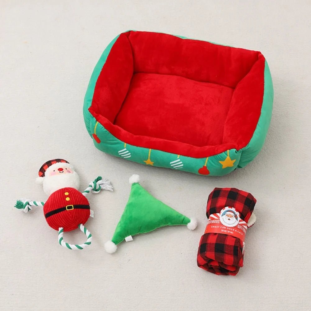 Cozy semi-enclosed pet bed for cats and small dogs, designed as a Christmas retreat with a non-slip base for stability. 1