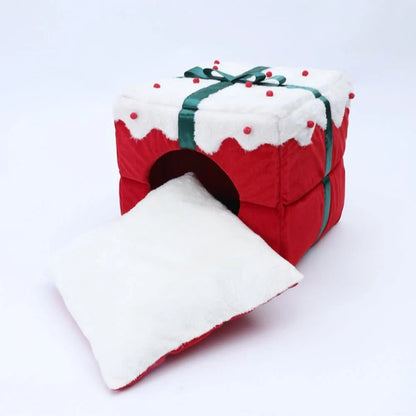 Cozy semi-enclosed pet bed for cats and small dogs, designed as a Christmas retreat with a non-slip base for stability. 5