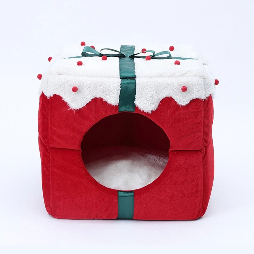 Cozy semi-enclosed pet bed for cats and small dogs, designed as a Christmas retreat with a non-slip base for stability. 8