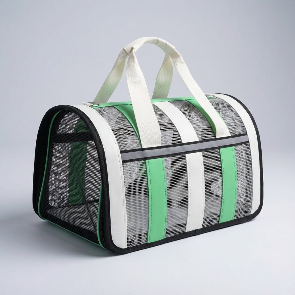 Lightweight pet carrier for cats and dogs featuring a breathable mesh design and a foldable structure, perfect for travel with your furry friends. 7