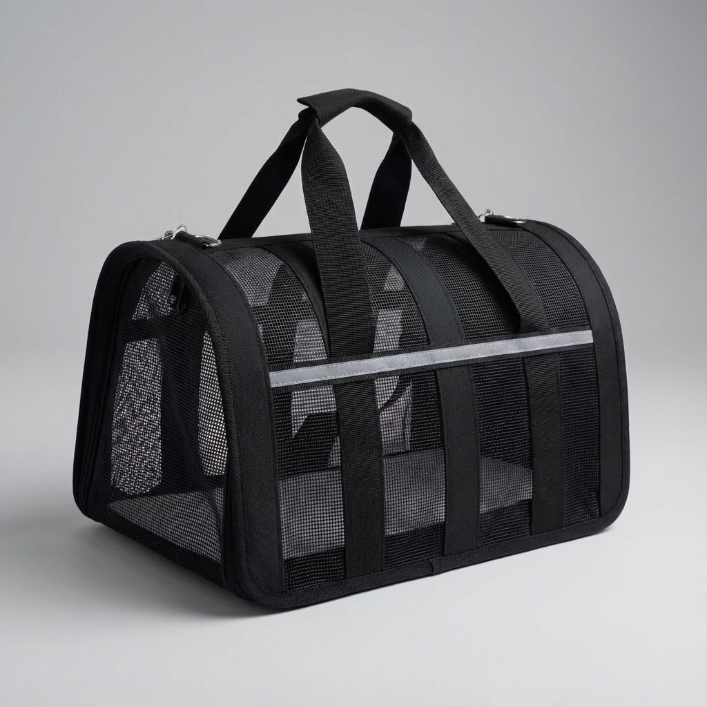 Lightweight pet carrier for cats and dogs featuring a breathable mesh design and a foldable structure, perfect for travel with your furry friends. 6