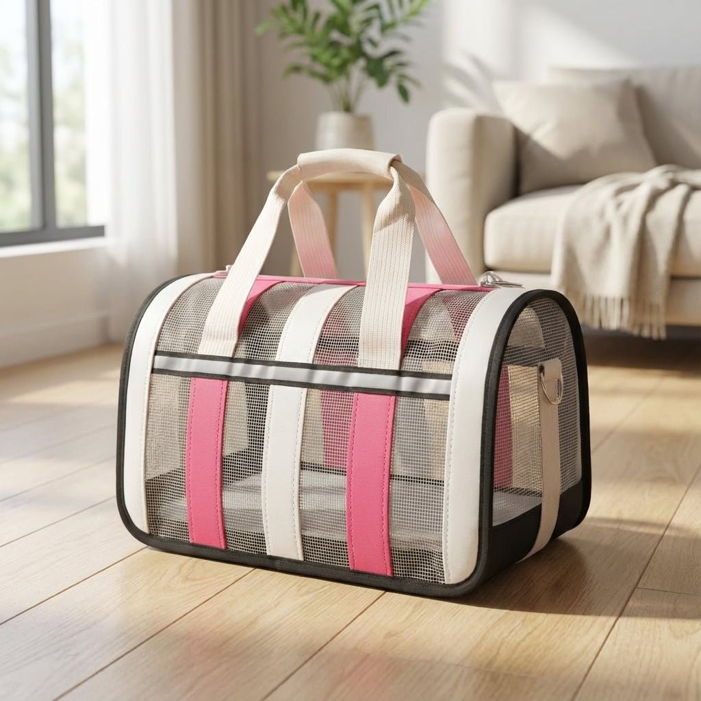Lightweight pet carrier for cats and dogs featuring a breathable mesh design and a foldable structure, perfect for travel with your furry friends. 1
