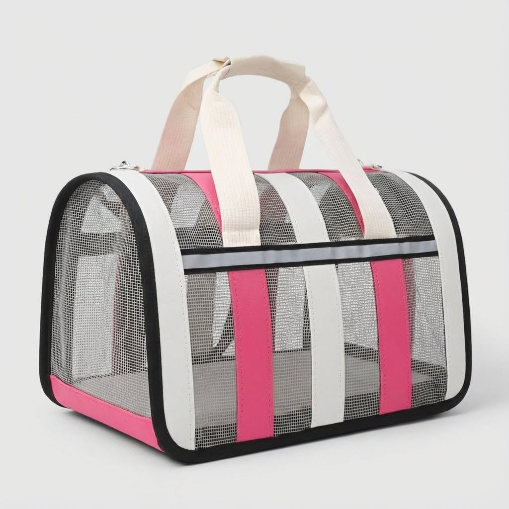 Lightweight pet carrier for cats and dogs featuring a breathable mesh design and a foldable structure, perfect for travel with your furry friends. 2
