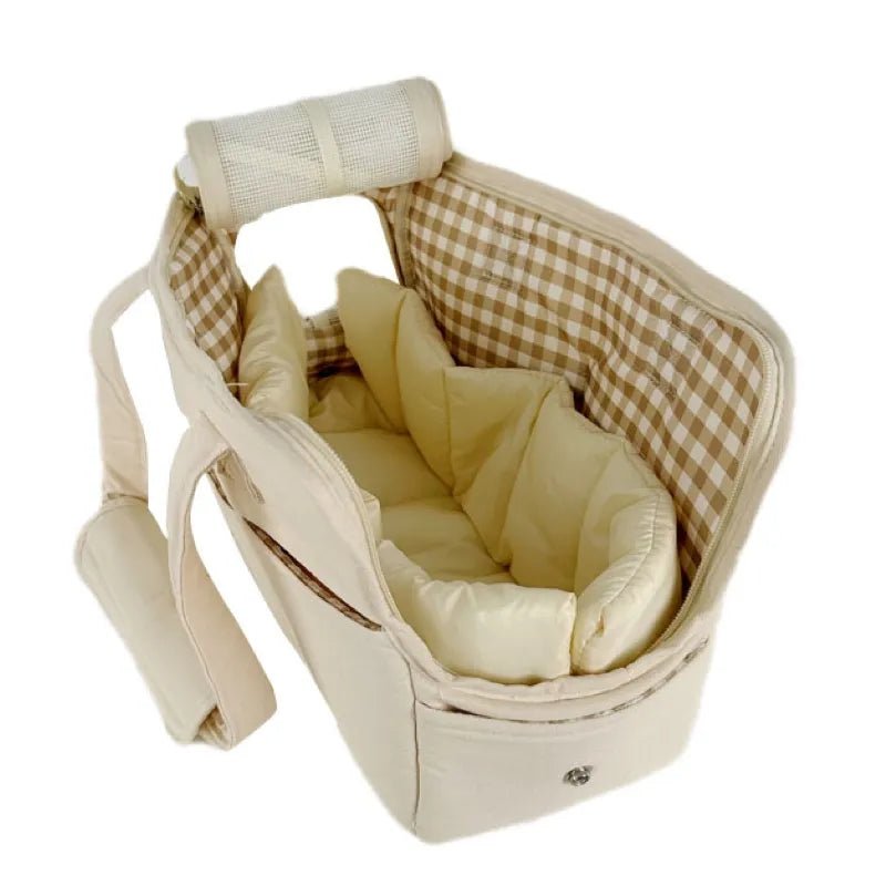 Lightweight pet carrier for cats and small dogs made from breathable cotton material, featuring a compact design ideal for travel. 5