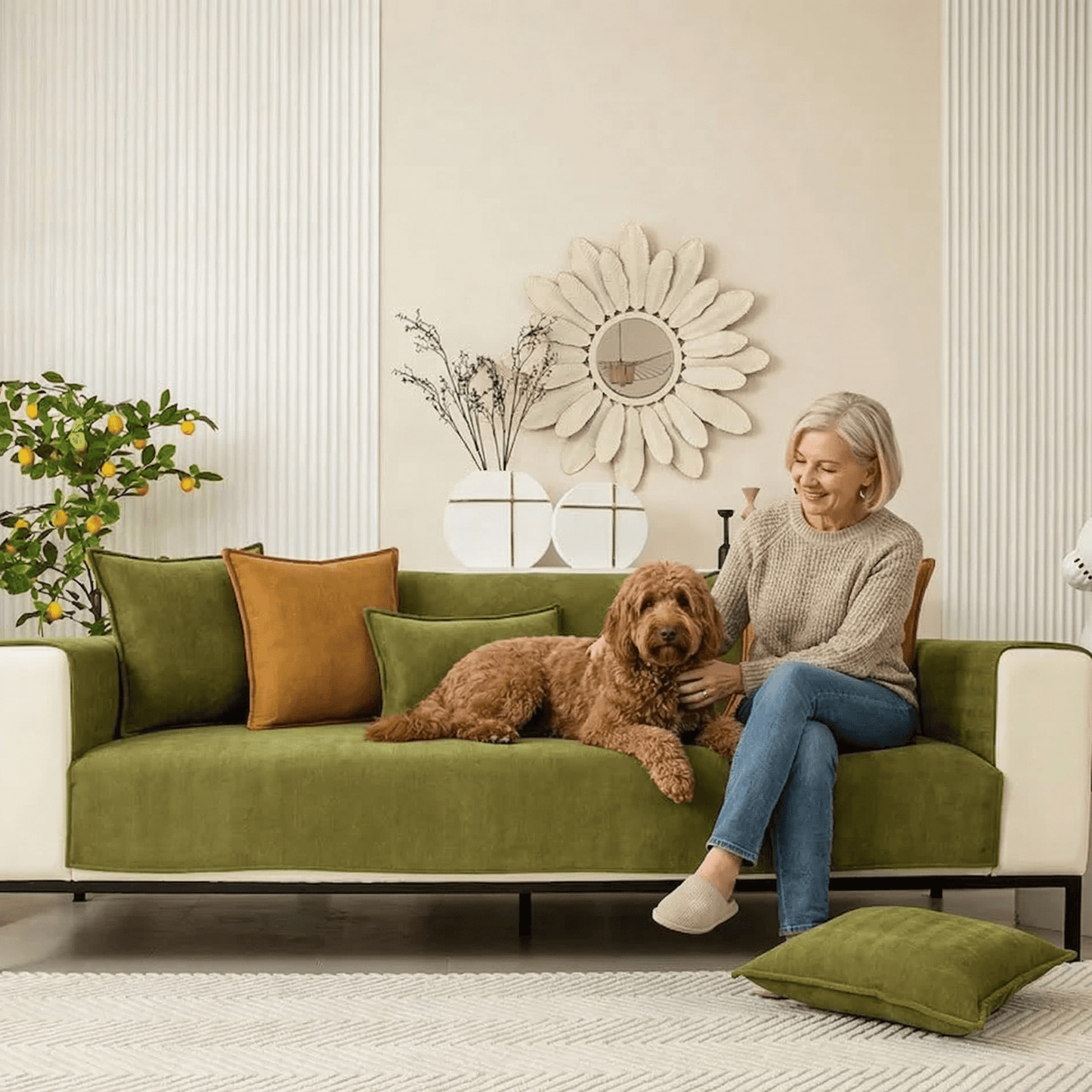 Pet-friendly sofa cover featuring a non-slip bottom, made from durable washable fabric, designed for stain and scratch protection, ideal for homes with pets. 5
