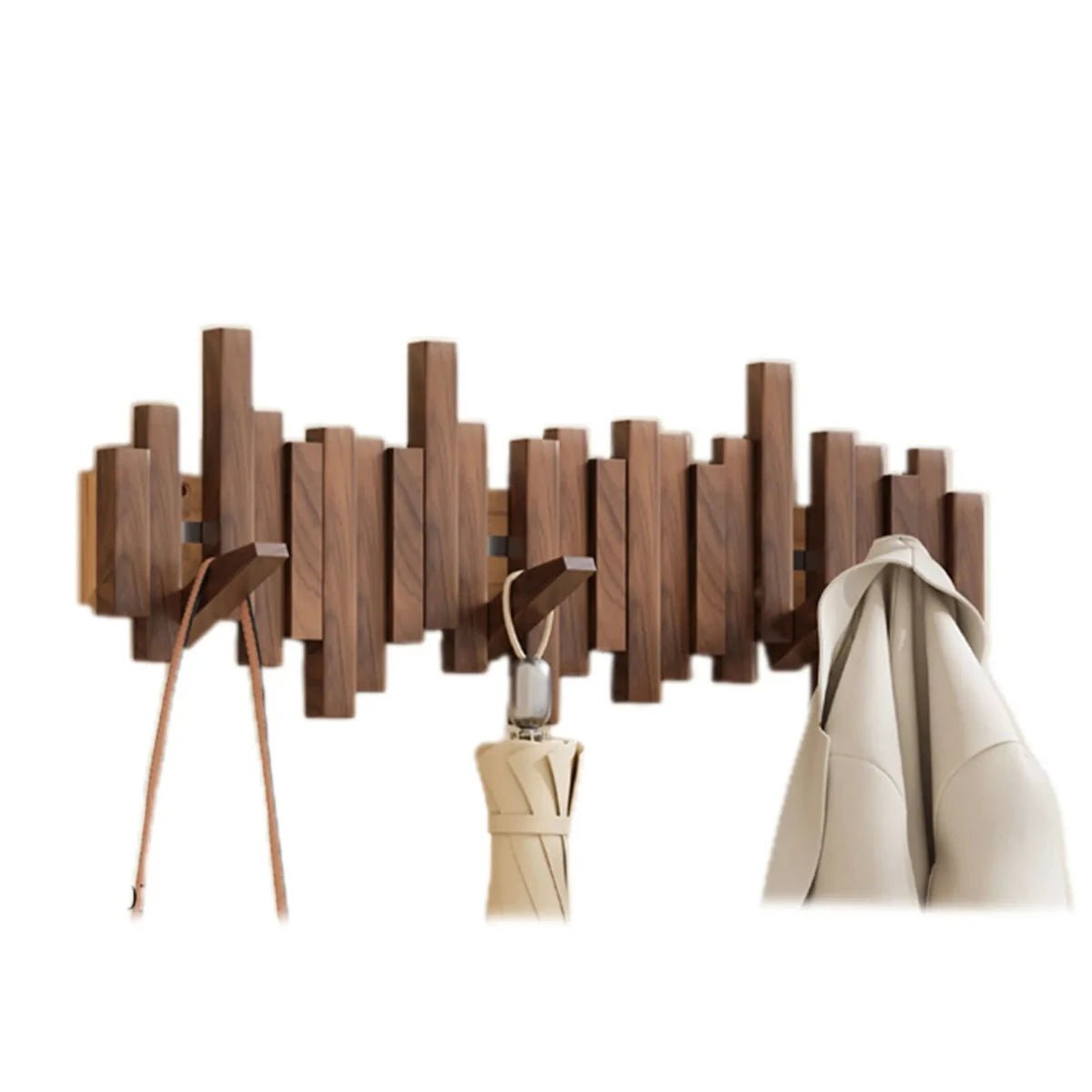 Piano Style Coat Rack with Folding Hooks made of solid walnut and beech wood, featuring a modern design ideal for entryway or bedroom organization. 0