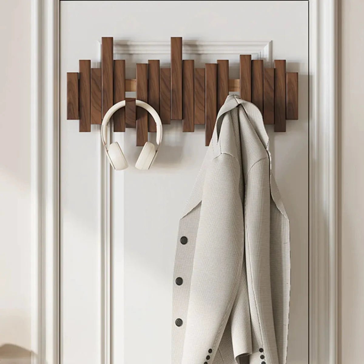 Piano Style Coat Rack with Folding Hooks made of solid walnut and beech wood, featuring a modern design ideal for entryway or bedroom organization. 1