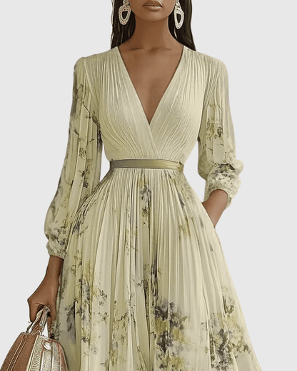 Elegant pleated maxi dress featuring a ribbon-tie waist and stylish V-neckline, perfect for formal occasions or casual outings, with long sleeves for a 8