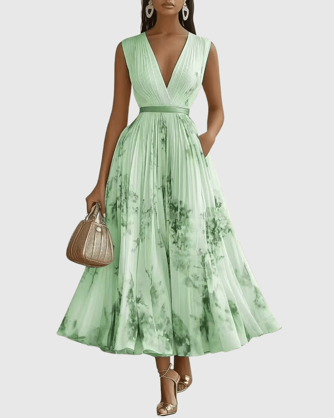 Elegant pleated maxi dress featuring a ribbon-tie waist and stylish V-neckline, perfect for formal occasions or casual outings, with long sleeves for a 9