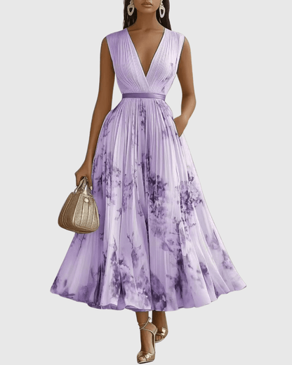 Elegant pleated maxi dress featuring a ribbon-tie waist and stylish V-neckline, perfect for formal occasions or casual outings, with long sleeves for a 10