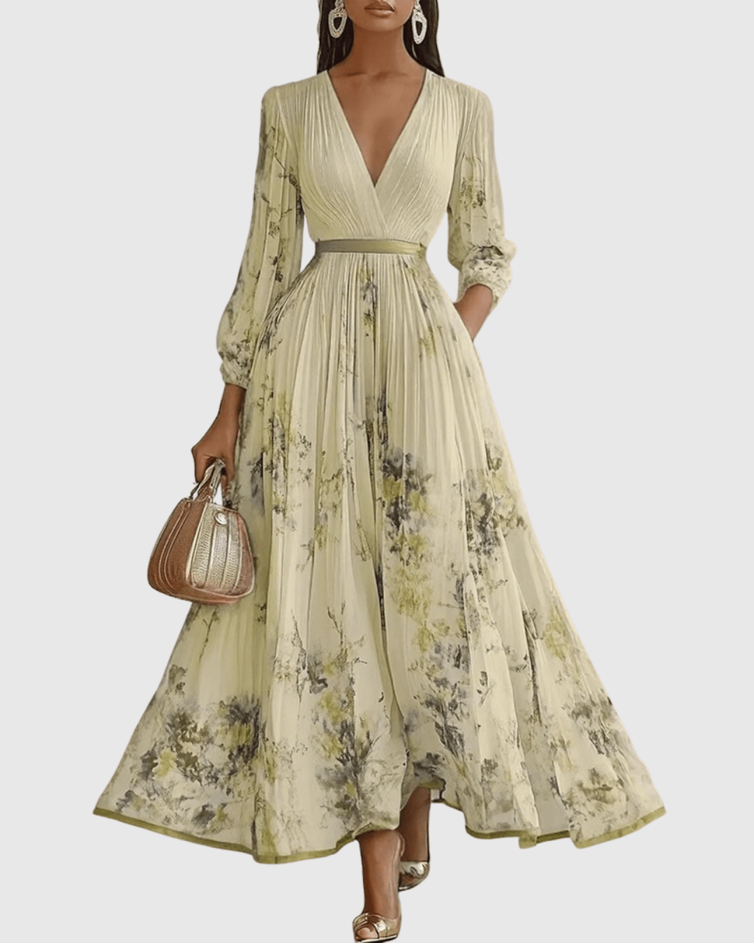 Elegant pleated maxi dress featuring a ribbon-tie waist and stylish V-neckline, perfect for formal occasions or casual outings, with long sleeves for a 7