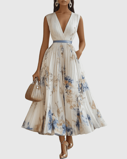 Elegant pleated maxi dress featuring a ribbon-tie waist and stylish V-neckline, perfect for formal occasions or casual outings, with long sleeves for a 0