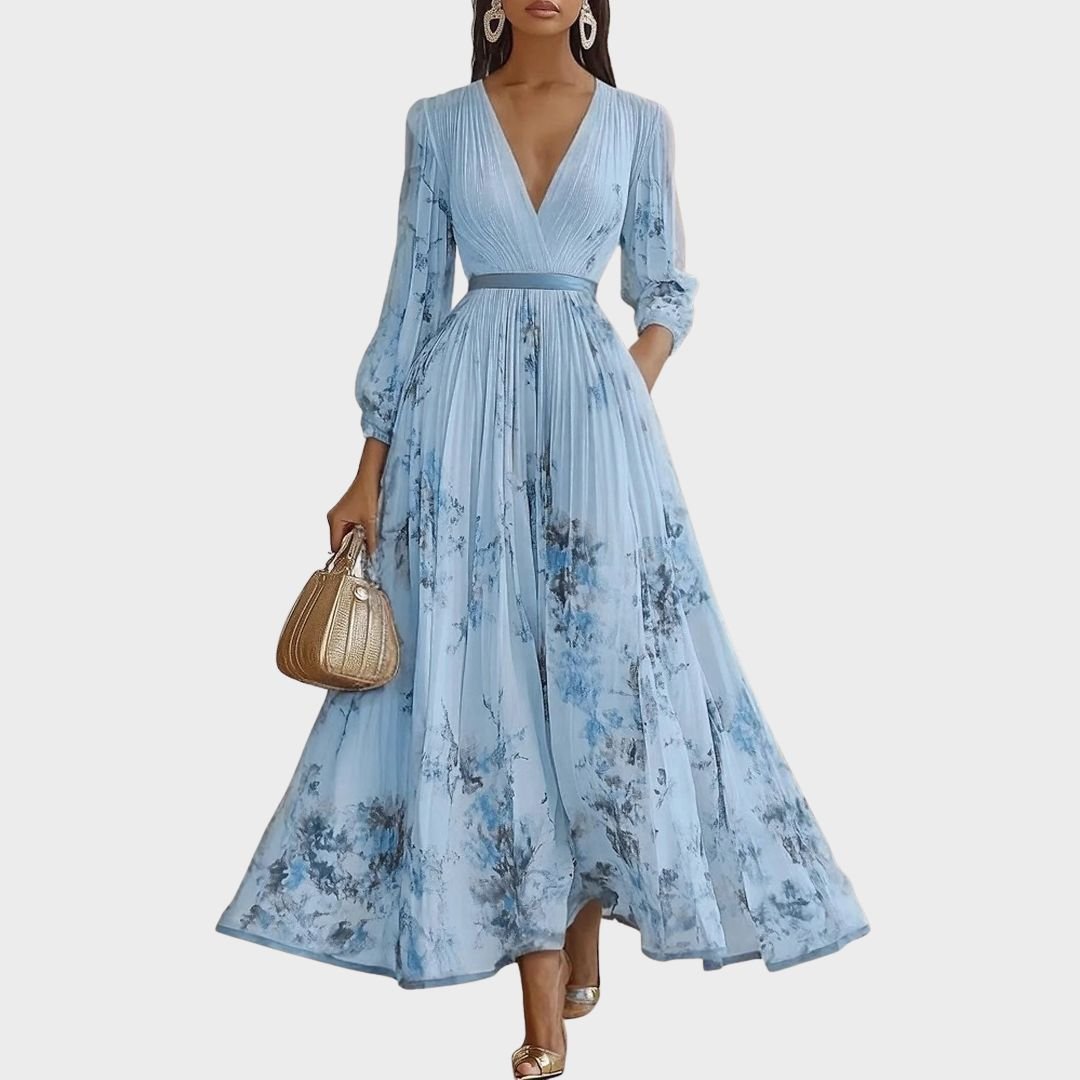 Elegant pleated maxi dress featuring a ribbon-tie waist and stylish V-neckline, perfect for formal occasions or casual outings, with long sleeves for a 3