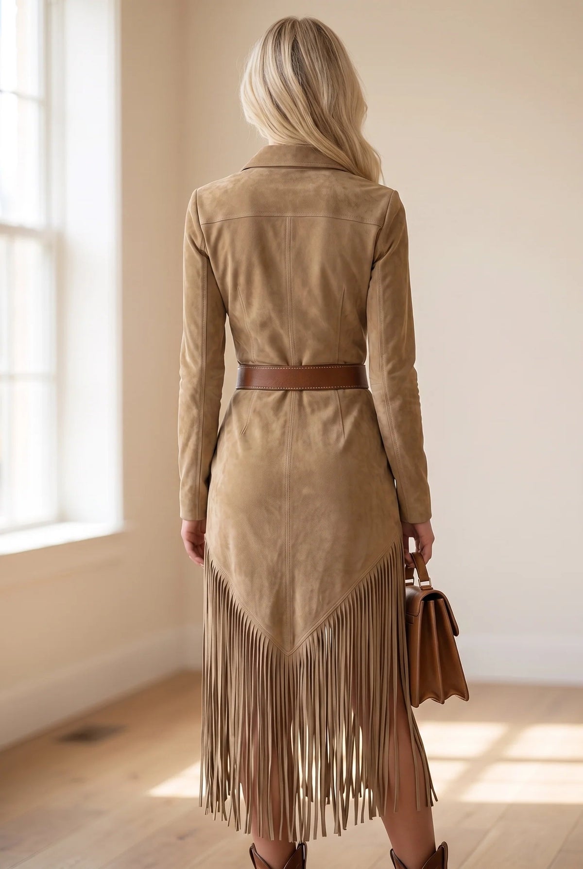 Plus size women's short dress featuring faux suede fringe and an edgeless neckline, available in khaki, pink, blue, and gray. 2