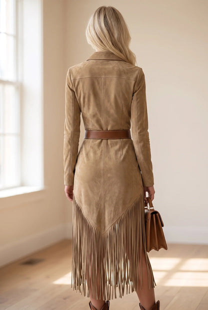Plus size women's short dress featuring faux suede fringe and an edgeless neckline, available in khaki, pink, blue, and gray. 2