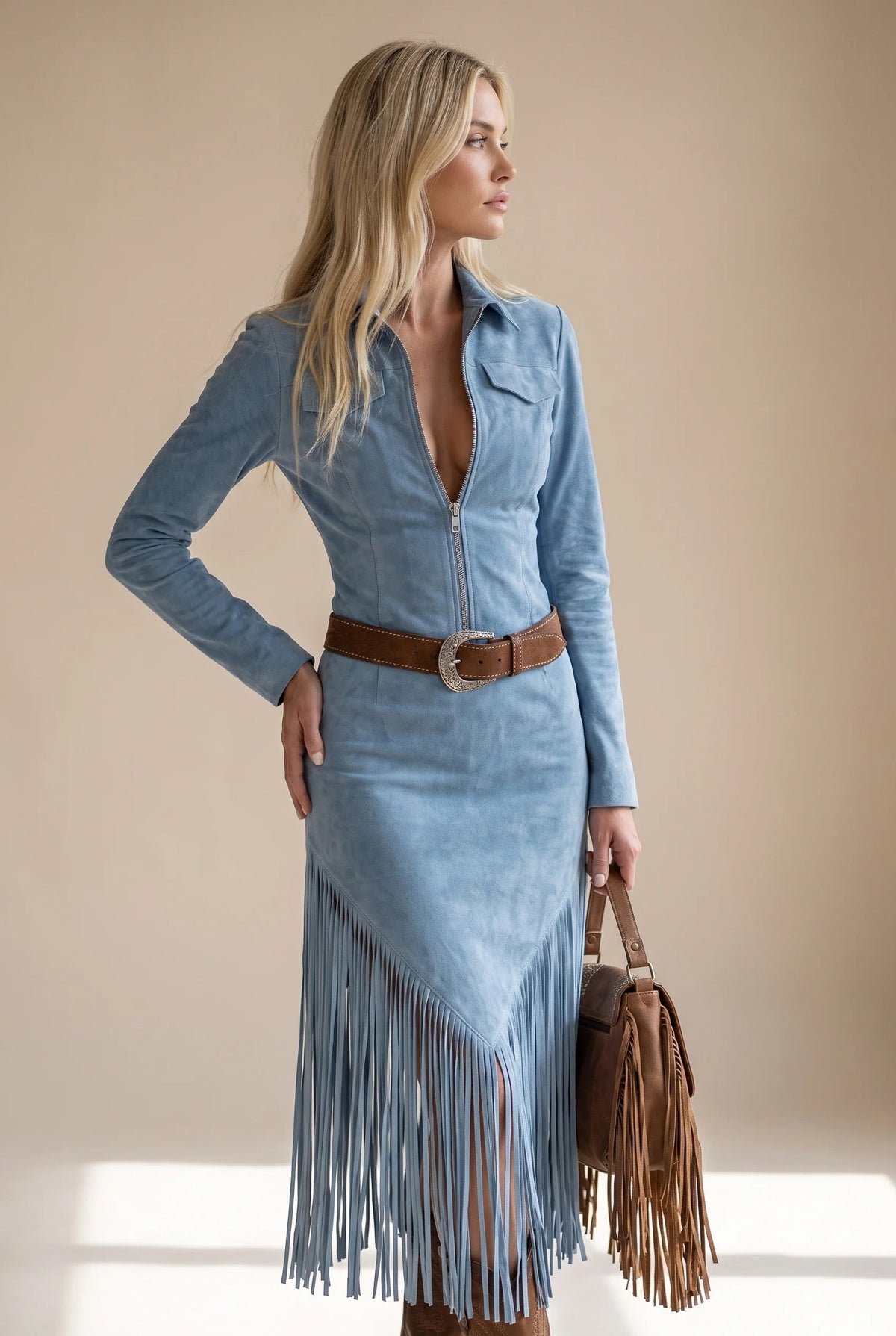Plus size women's short dress featuring faux suede fringe and an edgeless neckline, available in khaki, pink, blue, and gray. 8