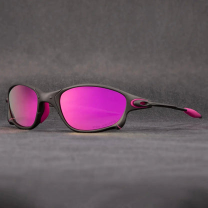 Polarized sports sunglasses featuring red mirrored lenses and UV400 protection, designed with a lightweight metal frame, ideal for cycling and outdoor activities. 0