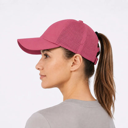 Women's ponytail sports cap featuring an adjustable fit and stylish crossback design, available in solid colors, perfect for active lifestyles and outdoor activities. 7
