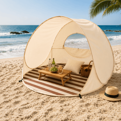 Pop Up Beach Tent with instant setup for 3-4 people, providing sun protection and a portable shelter for outdoor activities at the beach. 1