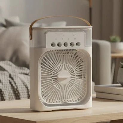 Portable 2-in-1 humidifier fan designed for bedrooms and offices, featuring a compact design and energy-efficient technology to enhance air quality. 1