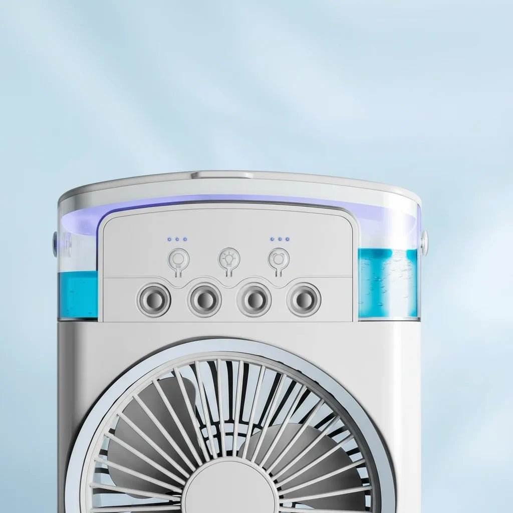 Portable 2-in-1 humidifier fan designed for bedrooms and offices, featuring a compact design and energy-efficient technology to enhance air quality. 3