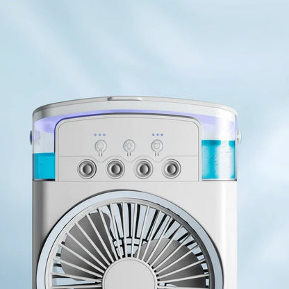 Portable 2-in-1 humidifier fan designed for bedrooms and offices, featuring a compact design and energy-efficient technology to enhance air quality. 3