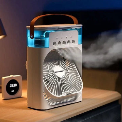 Portable 2-in-1 humidifier fan designed for bedrooms and offices, featuring a compact design and energy-efficient technology to enhance air quality. 2