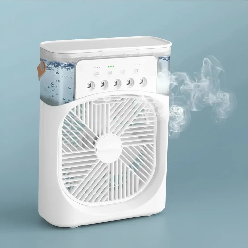 Portable 2-in-1 humidifier fan designed for bedrooms and offices, featuring a compact design and energy-efficient technology to enhance air quality. 4