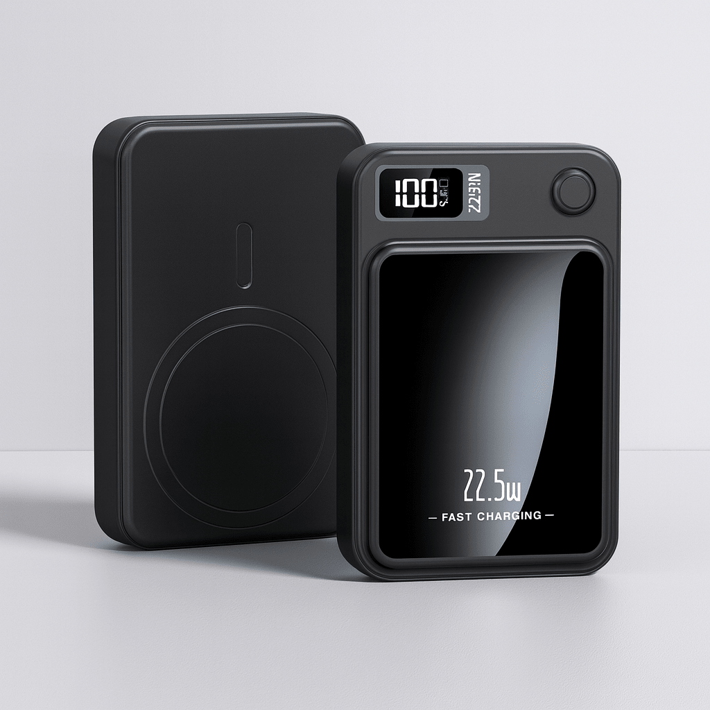 Portable 20000mAh power bank featuring 22.5W fast charging and wireless capability, designed with a slim profile, perfect for travel and 0