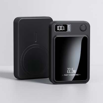 Portable 20000mAh power bank featuring 22.5W fast charging and wireless capability, designed with a slim profile, perfect for travel and 0