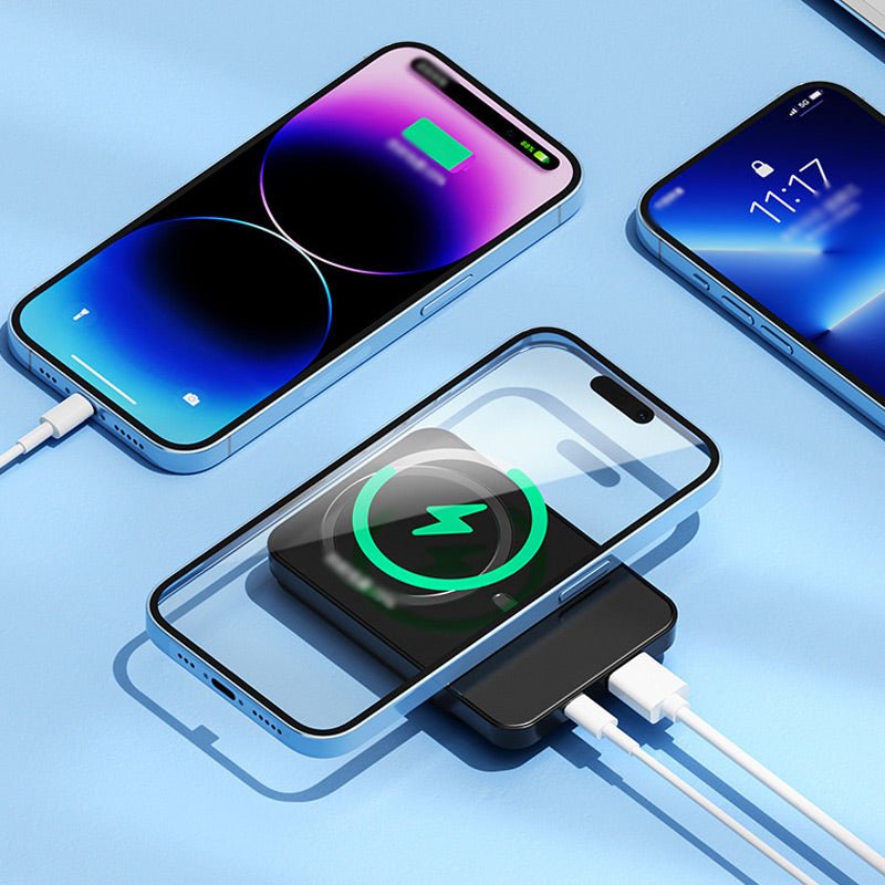 Portable 20000mAh power bank featuring 22.5W fast charging and wireless capability, designed with a slim profile, perfect for travel and 6