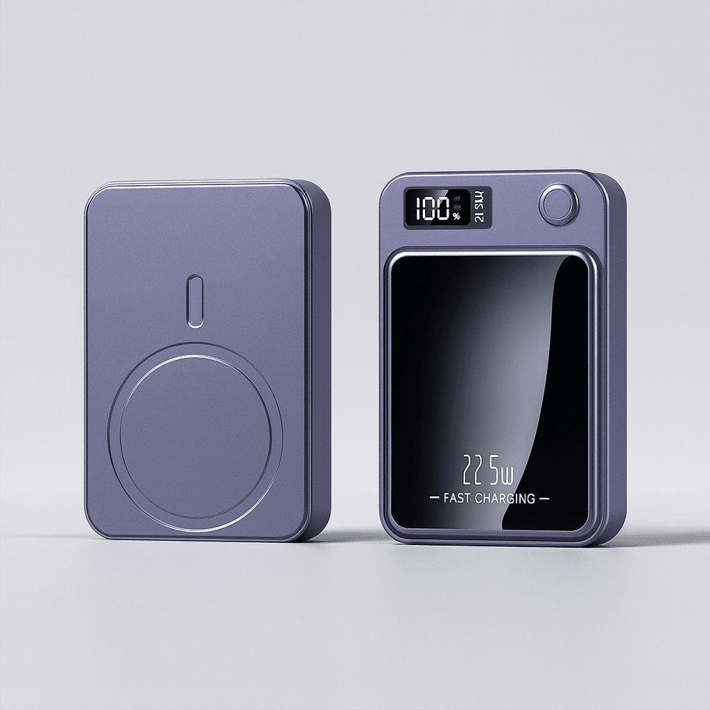 Portable 20000mAh power bank featuring 22.5W fast charging and wireless capability, designed with a slim profile, perfect for travel and 2