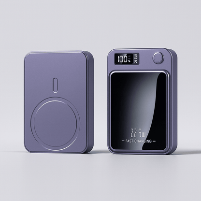 Portable 20000mAh power bank featuring 22.5W fast charging and wireless capability, designed with a slim profile, perfect for travel and 2