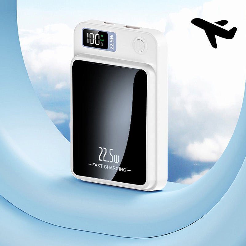 Portable 20000mAh power bank featuring 22.5W fast charging and wireless capability, designed with a slim profile, perfect for travel and 8