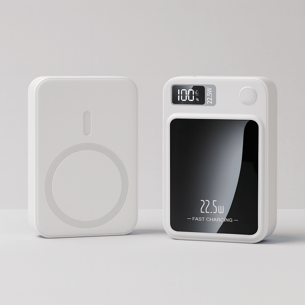 Portable 20000mAh power bank featuring 22.5W fast charging and wireless capability, designed with a slim profile, perfect for travel and 1