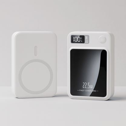 Portable 20000mAh power bank featuring 22.5W fast charging and wireless capability, designed with a slim profile, perfect for travel and 1