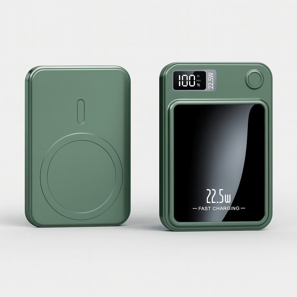 Portable 20000mAh power bank featuring 22.5W fast charging and wireless capability, designed with a slim profile, perfect for travel and 3