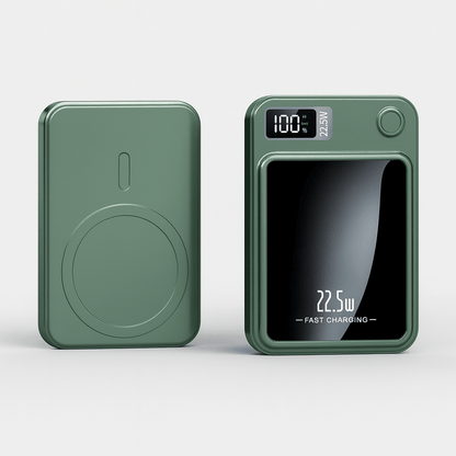 Portable 20000mAh power bank featuring 22.5W fast charging and wireless capability, designed with a slim profile, perfect for travel and 3