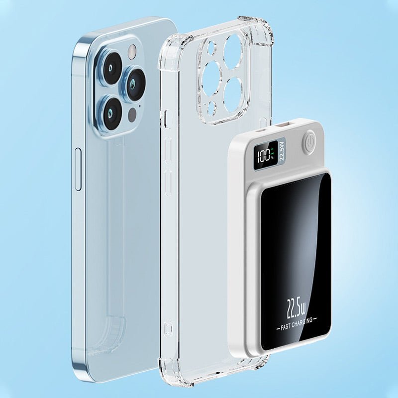 Portable 20000mAh power bank featuring 22.5W fast charging and wireless capability, designed with a slim profile, perfect for travel and 5