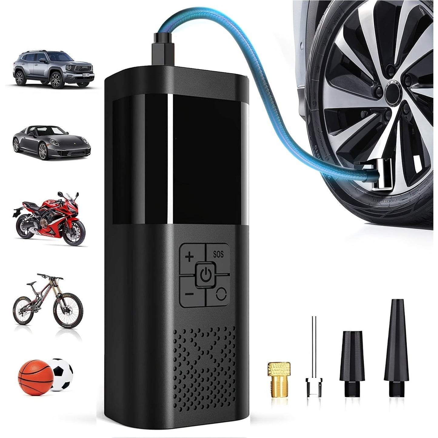 Portable air compressor featuring an LCD screen and built-in LED light, designed for cordless tire inflation for cars, motorcycles, and bicycles. 0