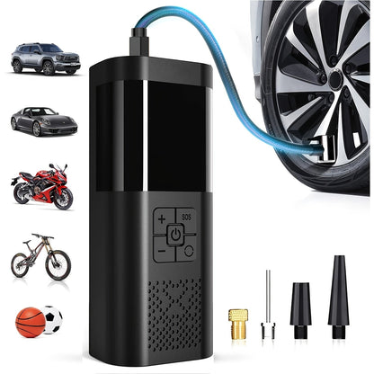 Portable air compressor featuring an LCD screen and built-in LED light, designed for cordless tire inflation for cars, motorcycles, and bicycles. 0