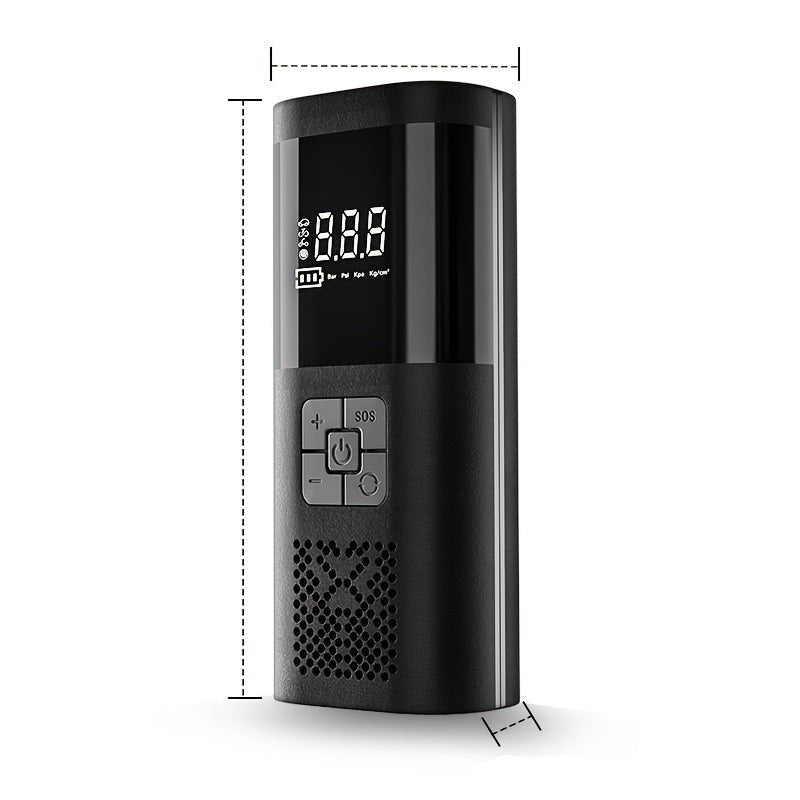 Portable air compressor featuring an LCD screen and built-in LED light, designed for cordless tire inflation for cars, motorcycles, and bicycles. 7