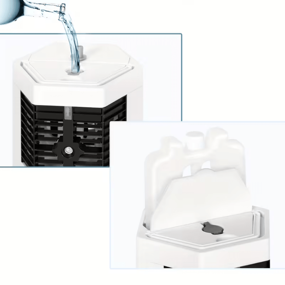 Portable air conditioner fan featuring fast ice cooling technology, designed as a compact, USB-powered mini cooling device for personal use. 3