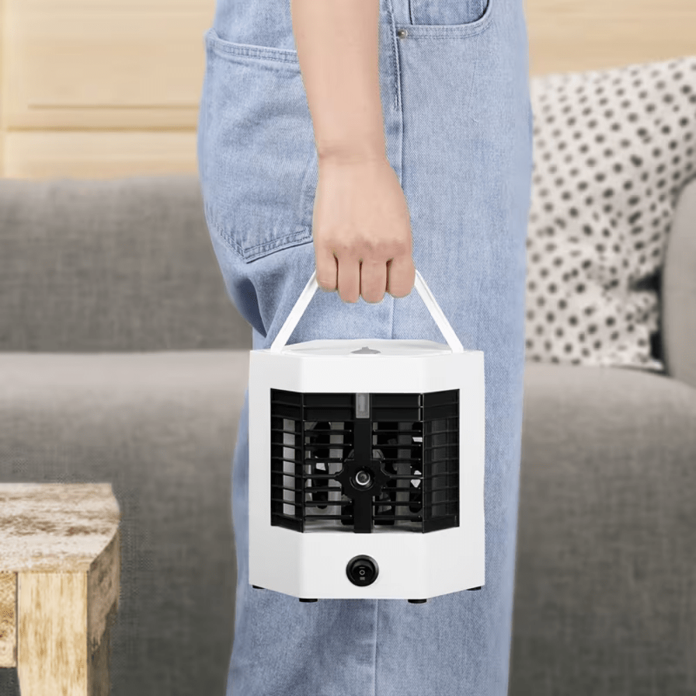 Portable air conditioner fan featuring fast ice cooling technology, designed as a compact, USB-powered mini cooling device for personal use. 2