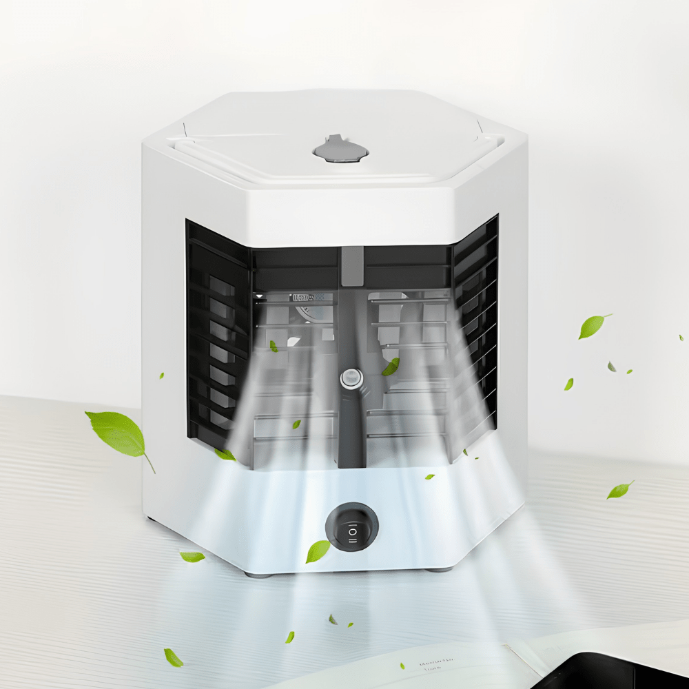 Portable air conditioner fan featuring fast ice cooling technology, designed as a compact, USB-powered mini cooling device for personal use. 0