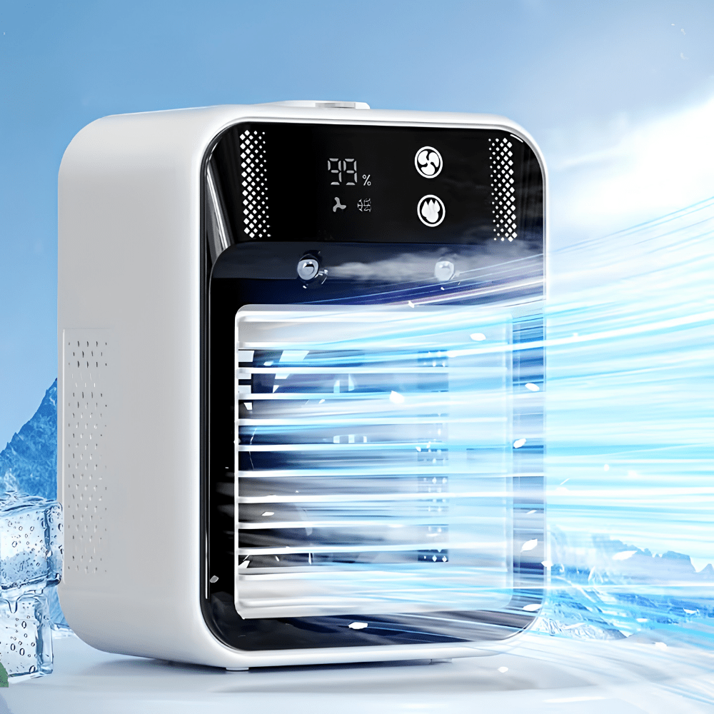 Portable air conditioner fan with rechargeable battery, featuring adjustable speed settings, compact design, and USB connectivity, ideal for home and travel use. 0