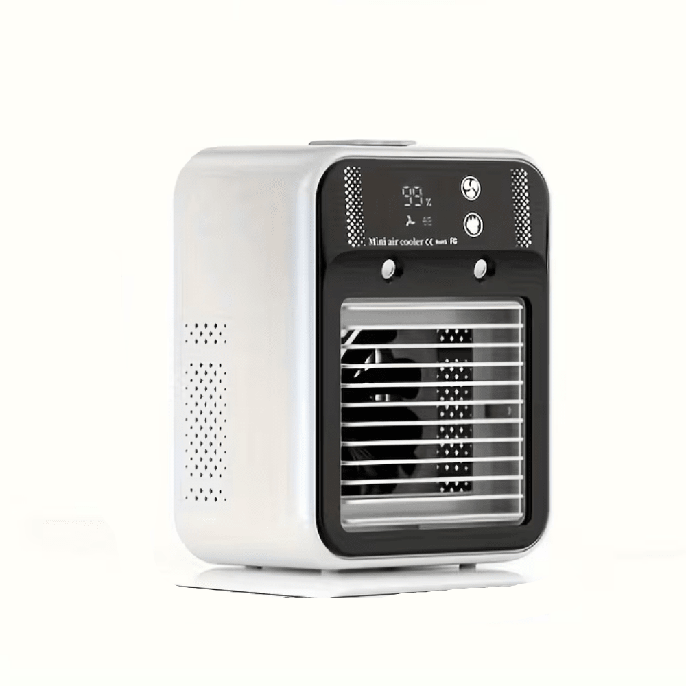 Portable air conditioner fan with rechargeable battery, featuring adjustable speed settings, compact design, and USB connectivity, ideal for home and travel use. 5