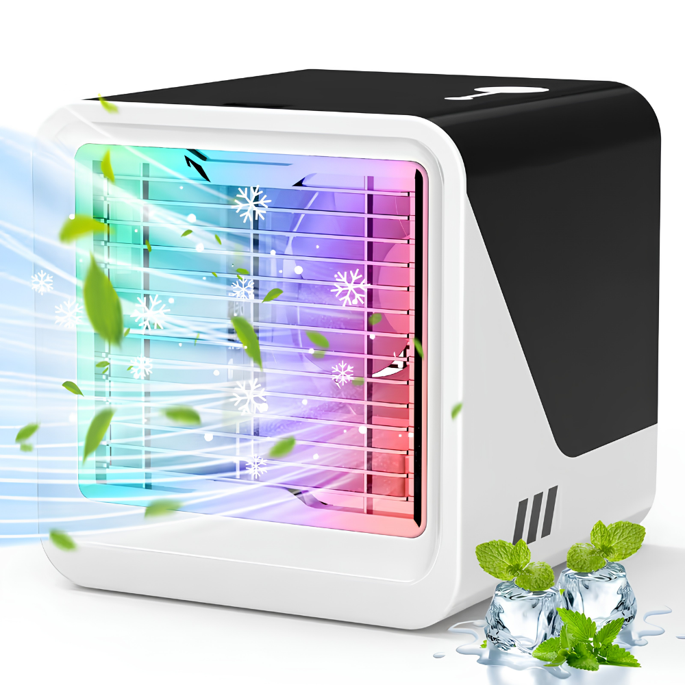 Portable air conditioner mini cooling fan with adjustable speeds, timer function, and compact USB design, perfect for personal use and on-the-go cooling. 0