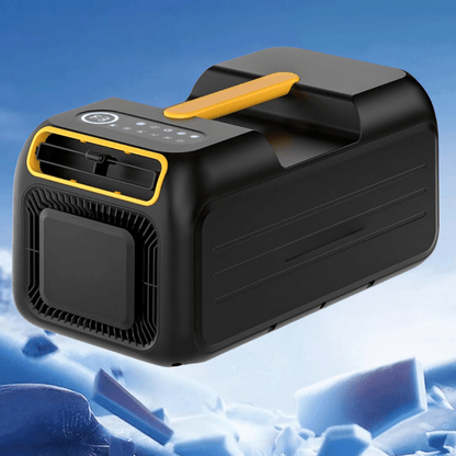 Portable air conditioner with ergonomic handle, designed for compact cooling during camping and outdoor adventures, featuring a sleek and lightweight design for easy transport. 0